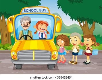 Children getting on school bus illustration