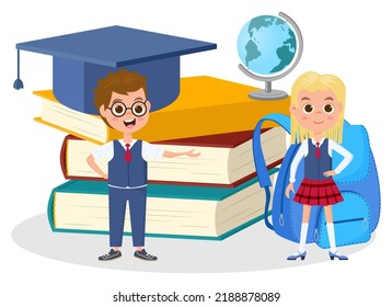 Kinder bereiten sich auf die Schule vor.Kinder auf dem Hintergrund von Schulbüchern Briefkasten und Globus.Vektorgrafik.