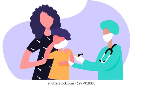 Children getting vaccination during coronavirus pandemic. In this illustration the child is fearful about vaccination and mother supporting him.