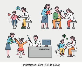 Children Getting Vaccination Injections In The Hospital. Flat Design Style Minimal Vector Illustration.