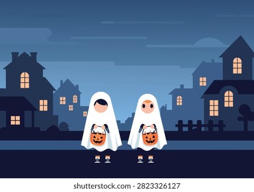 Children in Ghost Costumes Trick or Treating on Halloween Night