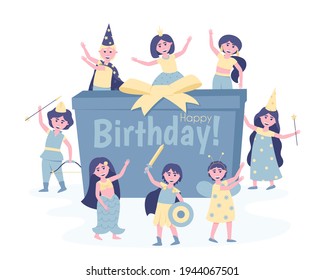 Children with a gift in carnival costumes at their birthday party. To participate in the holiday, the children changed into the costumes of the heroes. Festive cheerful mood. Flat vector illustration.