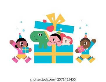 Children and gifts in boxes. Cute kids. Birthday party. event. Flat character.