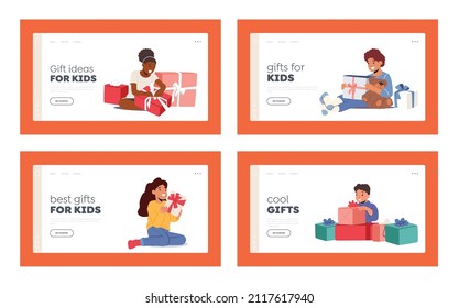 Children with Gifts Landing Page Template Set. Kids Holding, Opening, Getting Christmas, New Year, Birthday Presents. Boys and Girls Characters with Boxes. Cartoon People Vector Illustration
