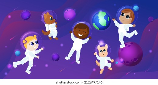 Children of a girl and a boy and a dog in astronaut costumes are in outer space. They have fun against the backdrop of Planet Earth and other planets. The mood of unbridled fantasy and fun.