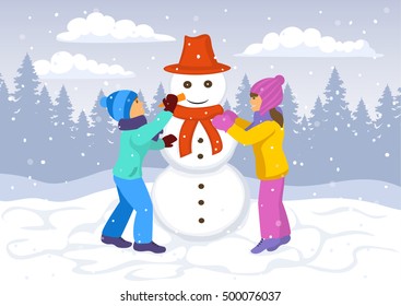 Children , girl and boy making a snowman. Winter landscape background