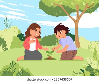 Children girl boy  planting sprout plant seed together in nature garden park. Natural care ecology Environmental Save preservation Earth