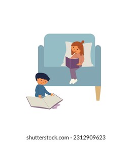 Children girl and boy reading books sitting on the chair. Sister and brother look at pictures.  Flat vector illustration