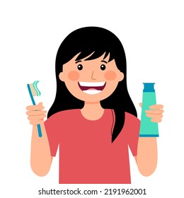 Children Girl Brushing Teeth In The Bathroom In Flat Design. Kids Cleaning Teeth To Prevent Tooth Decay. Dental Care.
