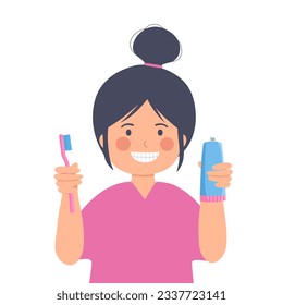 Children girl brushing teeth in flat design. Kids cleaning teeth to prevent tooth decay. Dental care.