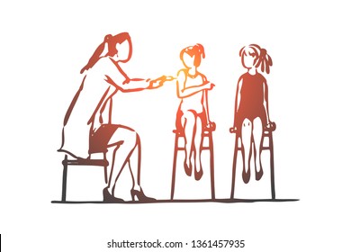 Children, girl, doctor, vaccine, health, clinic concept. Hand drawn female doctor vaccinates girls concept sketch. Isolated vector illustration.