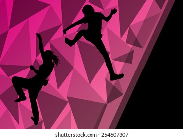 Children girl rock climbers sport athletes climbing wall in abstract silhouette background illustration vector