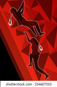 Children girl rock climbers sport athletes climbing wall in abstract silhouette background illustration vector