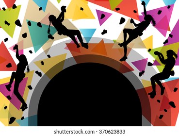 Children girl silhouettes on climbing wall in active and healthy sport background illustration vector