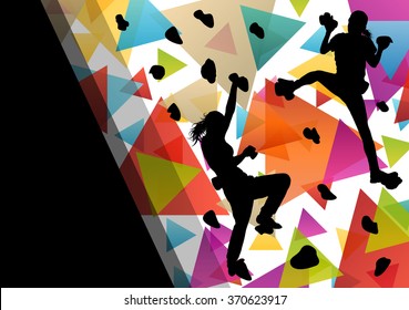 Children girl silhouettes on climbing wall in active and healthy sport background illustration vector