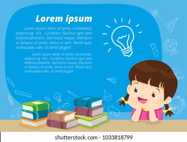 children girl thinking idea and books.Cute kid imagine in classroom with space for your text.education concept with  books background template.for web banner, backdrop, ad,promotion poster.