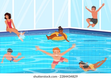 Children Girls and Boys Characters Joyfully Playing In Blue Swimming Pool, Jumping, Diving And Splashing Water, Under Bright Sunlight During Summer Holidays. Cartoon People Vector Illustration