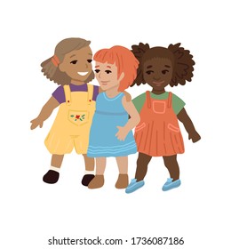 Children girls chatting and hugging. Three girlfriends at school. Different nationality, characters on a white background .. Vector illustration for your design