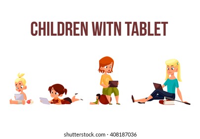 Children girls of different ages played in tablet and did not play in street, vector cartoon concept of todays children, the children sit and chat on the Internet, four girls looking at smartphone
