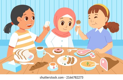 Children girls have breakfast at the dining table and chat with each other everyone looks happy