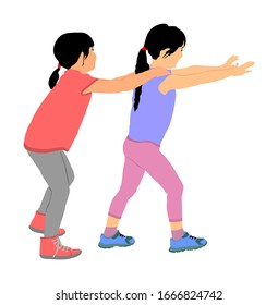 Children, girls play train game vector illustration isolated on white background. Happy kids playing outdoor in park. Sisters in love make fun, holding shoulder of the ahead, playground activity.