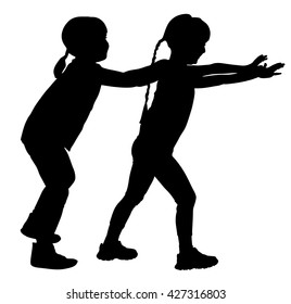 Children, girls play train game vector silhouette illustration isolated on white background. Happy kids playing outdoor in park. Sisters in love make fun.