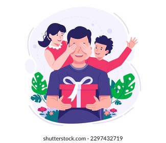 Children give a gift to the father. A daughter and son surprise a father and give a gift to the father. Happy Father's Day. Vector illustration