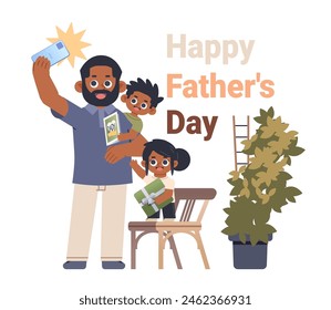 Children give gifts to dad  and make selfie. Happy Father`s Day flat vector illustration on isolated background