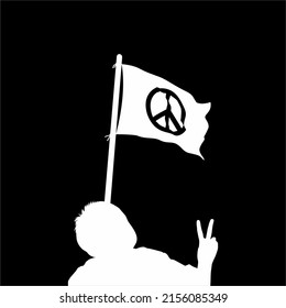 Children Give Peace Sign Finger-Hand and Hold Peace Flag Sign on the Hand Silhouette. the Symbolism of the Peace, Stop War, No War or War is Over. Vector Illustration  