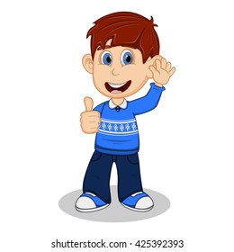 Children give thumbs up wearing blue long sleeve sweater and black trousers  cartoon vector illustration