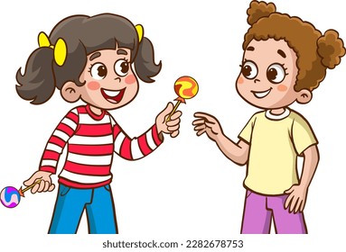 niños dando caramelos a la ilustración de vector de amigos