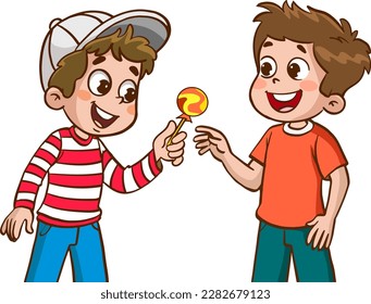 niños dando caramelos a la ilustración de vector de amigos