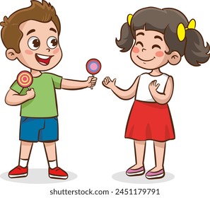 children giving candy to friend vector illustration