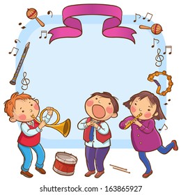 Children giving the concert placard. Back to School isolated objects on white background. Great illustration for a school books and more. VECTOR. Editorial. Education. Advertising. Board.