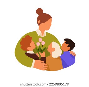 Children giving flowers bouquet for Teacher day. School students, kids hugging tutor, thanking with love and respect. Schoolkids with tulips gift. Flat vector illustration isolated on white background