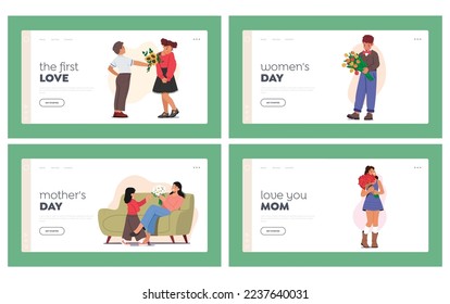 Children Giving Flowers to Friend or Mother. Landing Page Template Set. Kids Characters Presenting Beautiful Blossoms for Holiday Celebration, Festive Greetings. Cartoon People Vector Illustration