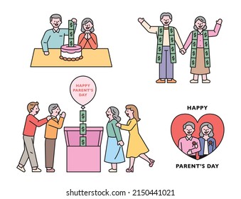 Children giving money as a surprise event for Parents' Day. flat design style vector illustration.