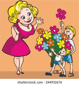 Children giving mother a lot of flowers. Vector image for congratulation. 