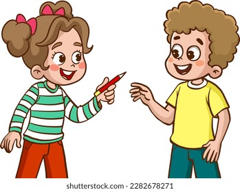 children giving pen to friend vector illustration