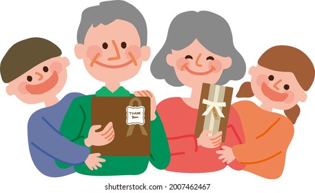 Children giving presents to grandpa and grandma