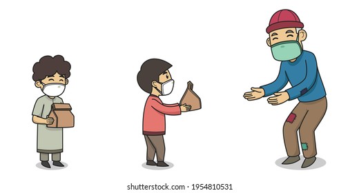 Children Giving Sadaqah to Poor People. Character Illustration. Vector Illustration. Children Book.