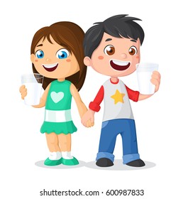 Children with a glass of milk. Drink milk vector illustration 