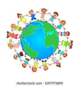 Children and the globe. Children are holding each other's hands. Group of cheerful, smiling children standing on the globe. Cartoon of joyful children.                                           