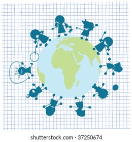Children and globe illustration, vector art