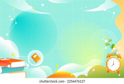 Children go back to school for the new term with books and learning tools in the background, vector illustration