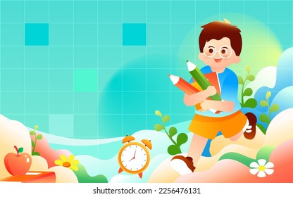 Children go back to school for the new term with books and learning tools in the background, vector illustration