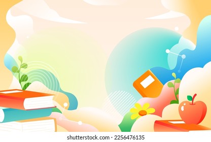 Children go back to school for the new term with books and learning tools in the background, vector illustration