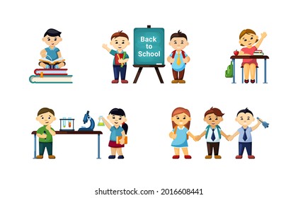 Children go back to school set. Little boys and girls happily sit their desks and conduct chemical experiments read new educational books and meet enthusiastic friends. Vector study.