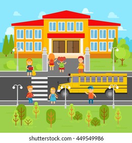 Children go back to school vector flat illustration. School bus, kids infographic elements. Girls and boys with backpacks going to learn. The knowledge Day. School concept stock vector design