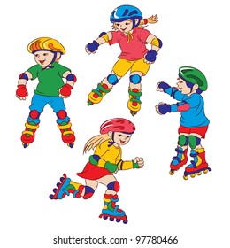 Children go for a drive on roller skates.